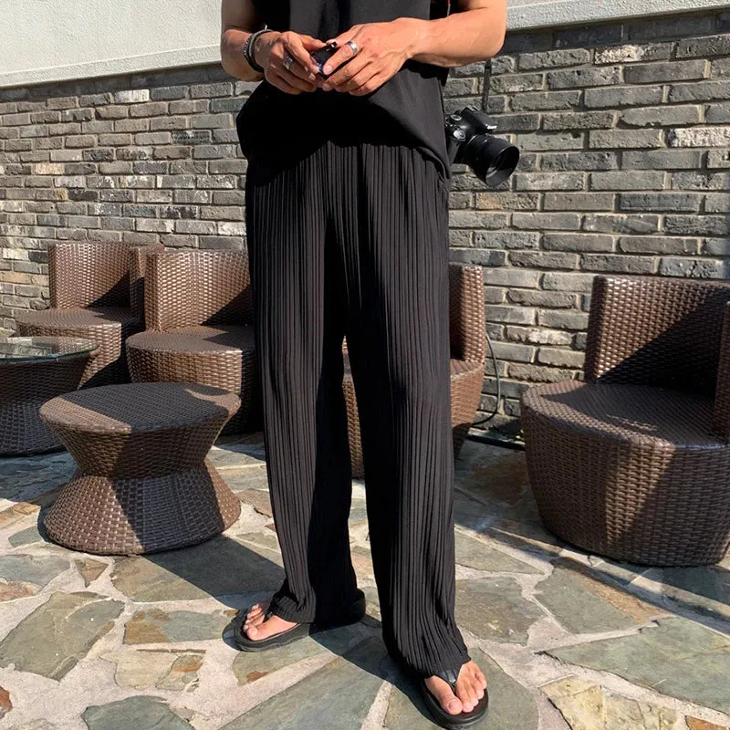 Wiaofellas  -  Fashion Solid Color Loose Pants Men Streetwear Summer Daily Casual Breathable Pleated Ice Silk Mens Trousers Fashion Pants