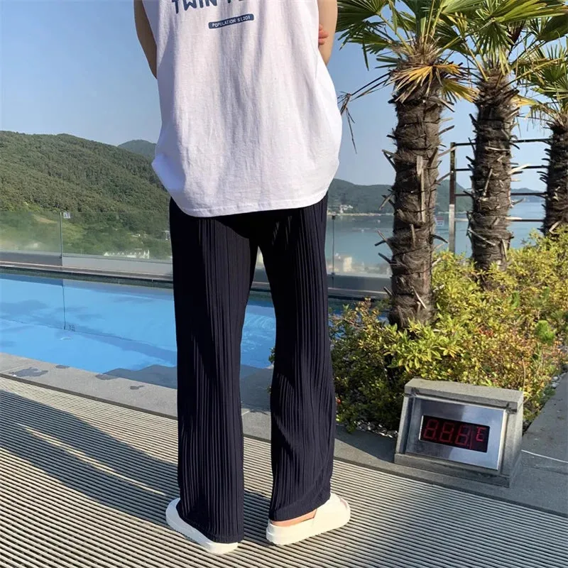 Wiaofellas  -  Fashion Solid Color Loose Pants Men Streetwear Summer Daily Casual Breathable Pleated Ice Silk Mens Trousers Fashion Pants