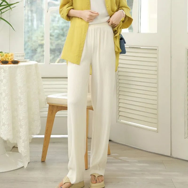 Wjczt Korean Ice Silk Wide Leg Pants Women'S Spring Autumn New Summer High Waist Hanging Loose Straight Tube Casual Knitted Trousers