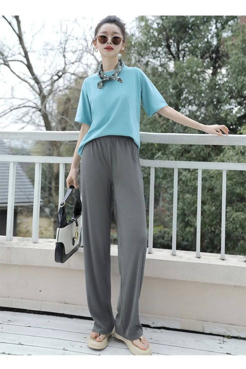 Wjczt Korean Ice Silk Wide Leg Pants Women'S Spring Autumn New Summer High Waist Hanging Loose Straight Tube Casual Knitted Trousers