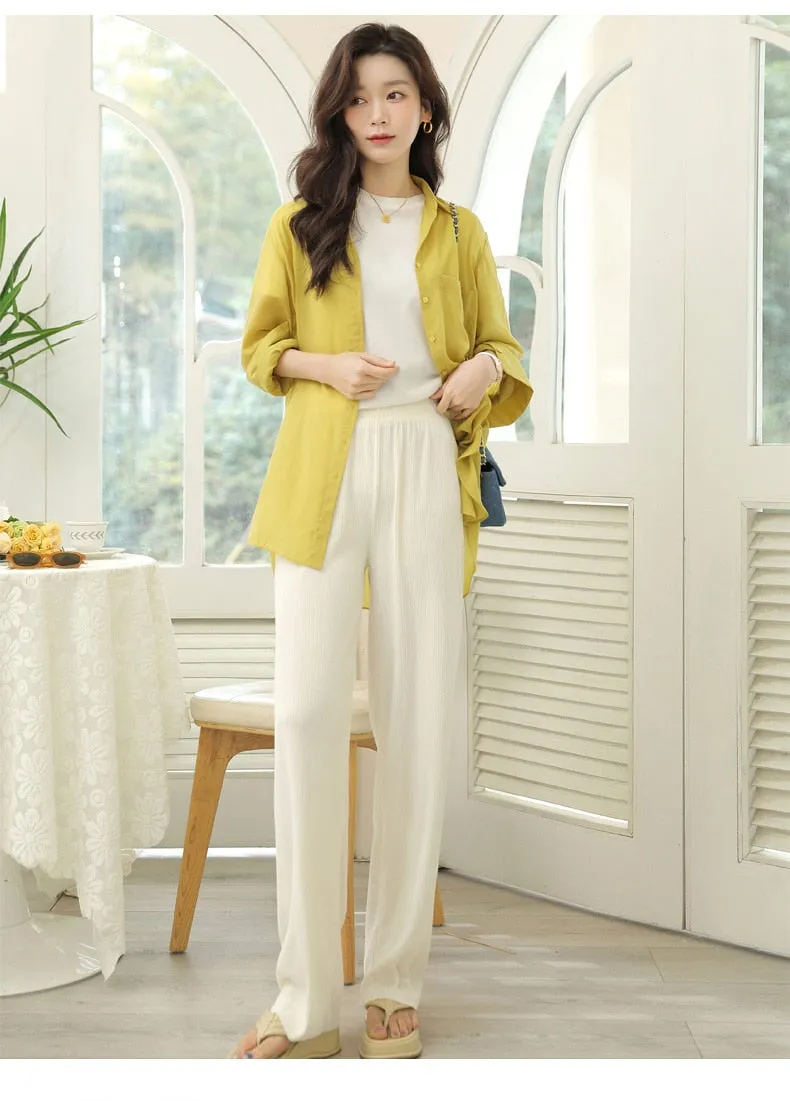 Wjczt Korean Ice Silk Wide Leg Pants Women'S Spring Autumn New Summer High Waist Hanging Loose Straight Tube Casual Knitted Trousers