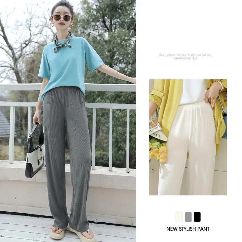 Wjczt Korean Ice Silk Wide Leg Pants Women'S Spring Autumn New Summer High Waist Hanging Loose Straight Tube Casual Knitted Trousers