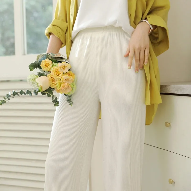Wjczt Korean Ice Silk Wide Leg Pants Women'S Spring Autumn New Summer High Waist Hanging Loose Straight Tube Casual Knitted Trousers