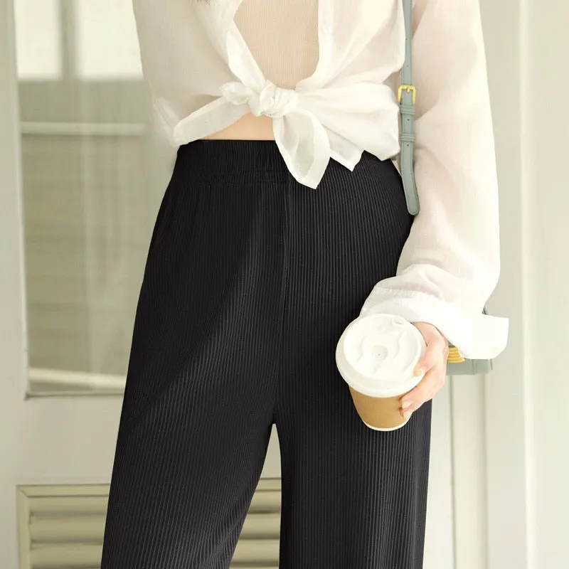 Wjczt Korean Ice Silk Wide Leg Pants Women'S Spring Autumn New Summer High Waist Hanging Loose Straight Tube Casual Knitted Trousers