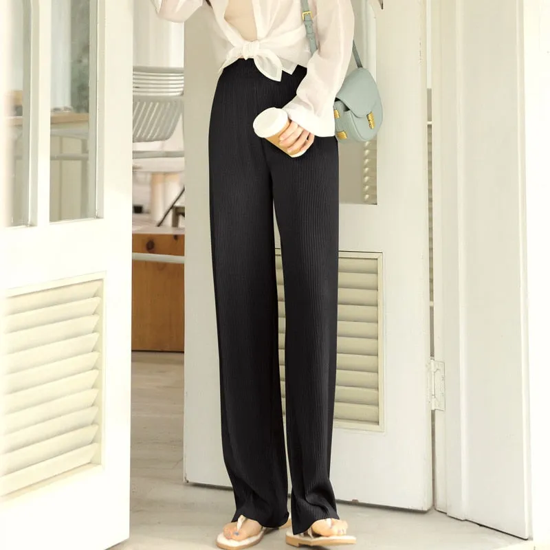 Wjczt Korean Ice Silk Wide Leg Pants Women'S Spring Autumn New Summer High Waist Hanging Loose Straight Tube Casual Knitted Trousers