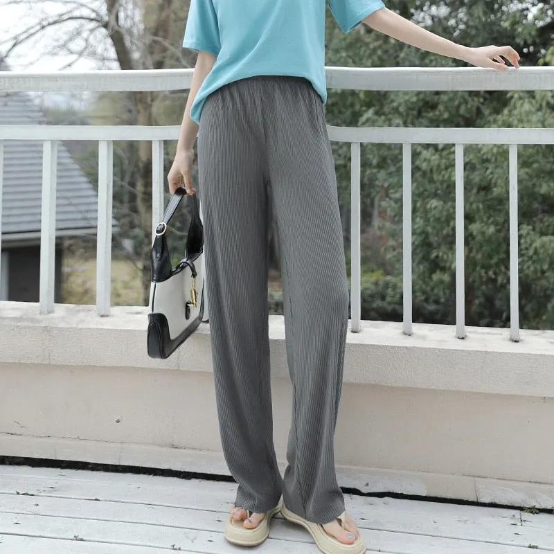 Wjczt Korean Ice Silk Wide Leg Pants Women'S Spring Autumn New Summer High Waist Hanging Loose Straight Tube Casual Knitted Trousers