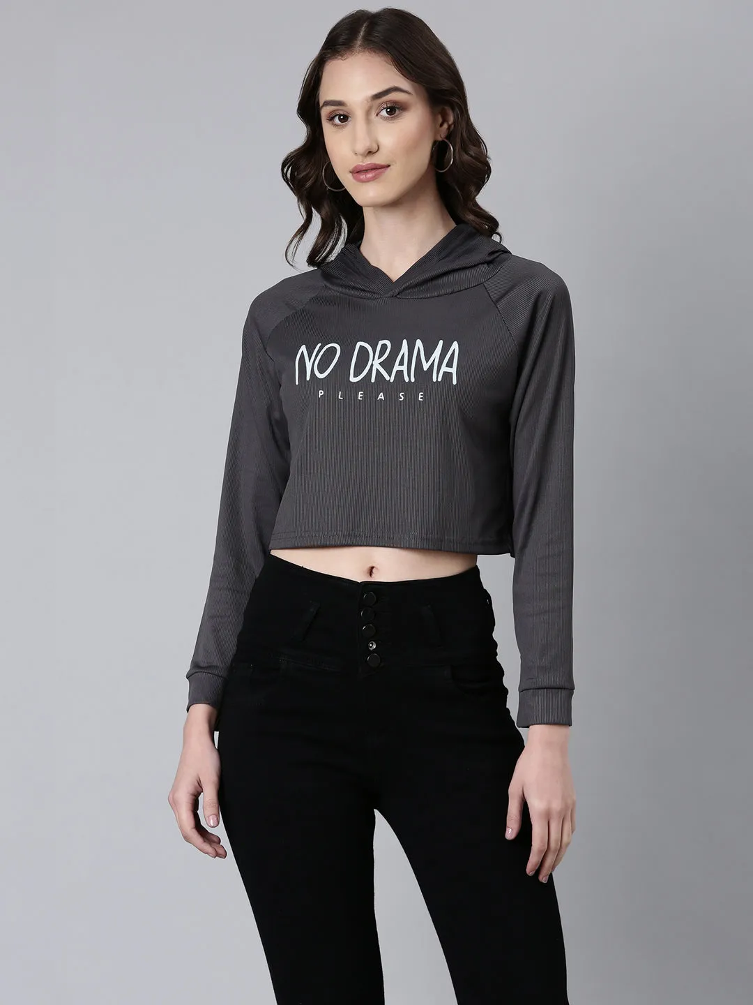 Women Grey Typographic Crop Boxy Tshirt