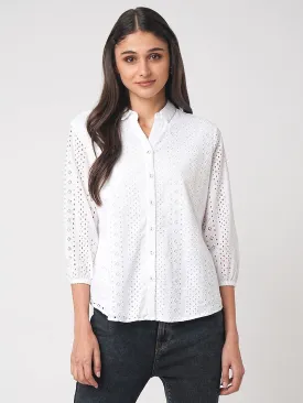 Women Schiffli Solid Slim Shirt