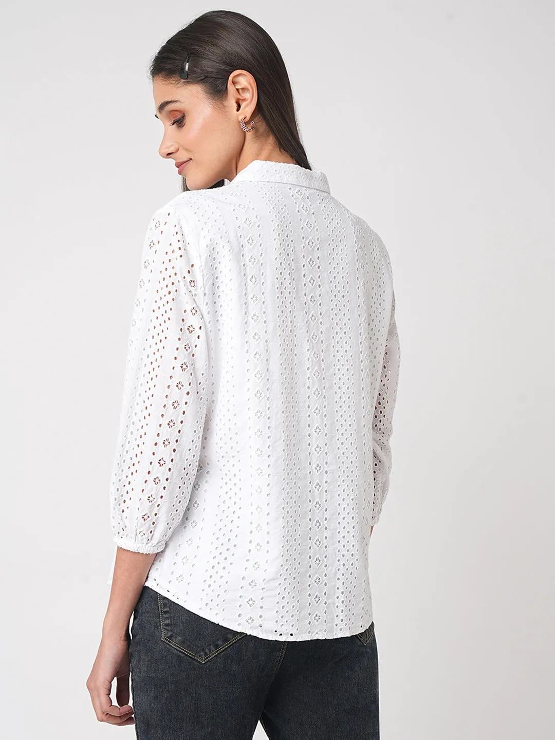 Women Schiffli Solid Slim Shirt