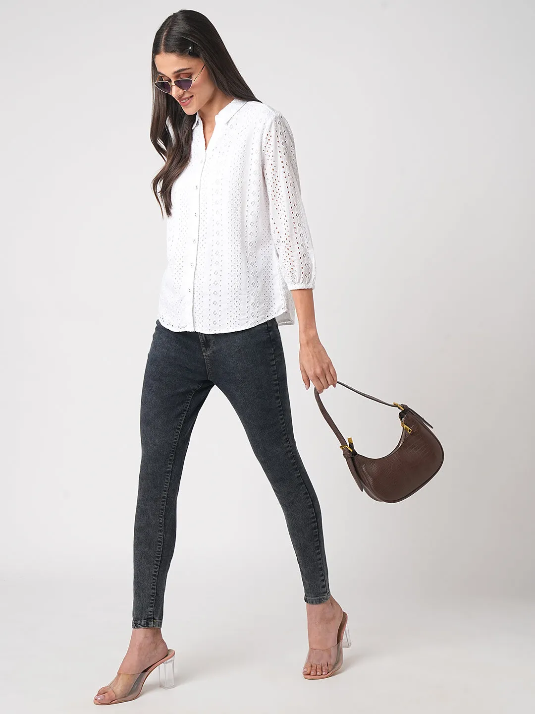 Women Schiffli Solid Slim Shirt