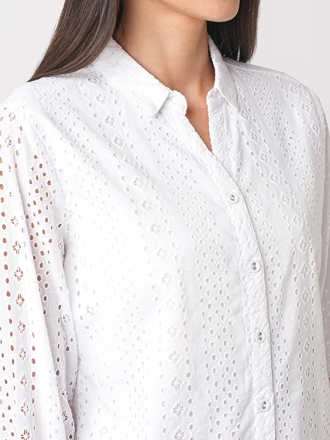 Women Schiffli Solid Slim Shirt