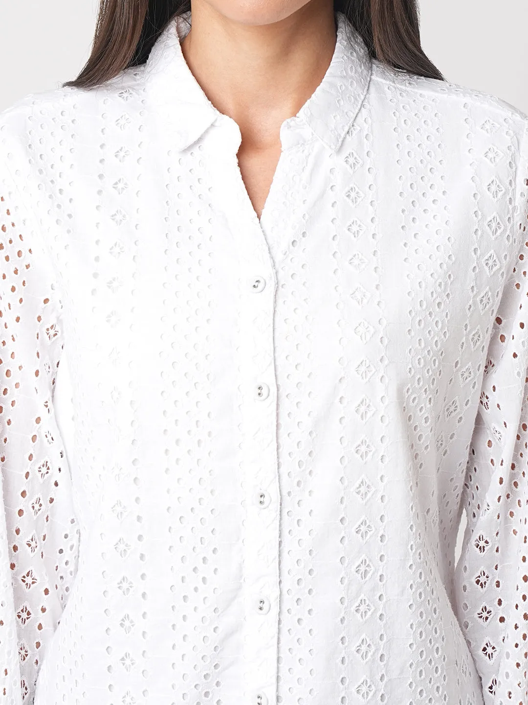 Women Schiffli Solid Slim Shirt