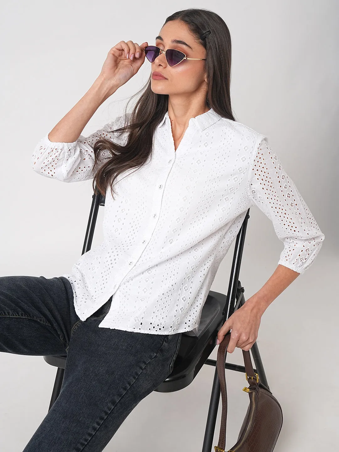 Women Schiffli Solid Slim Shirt