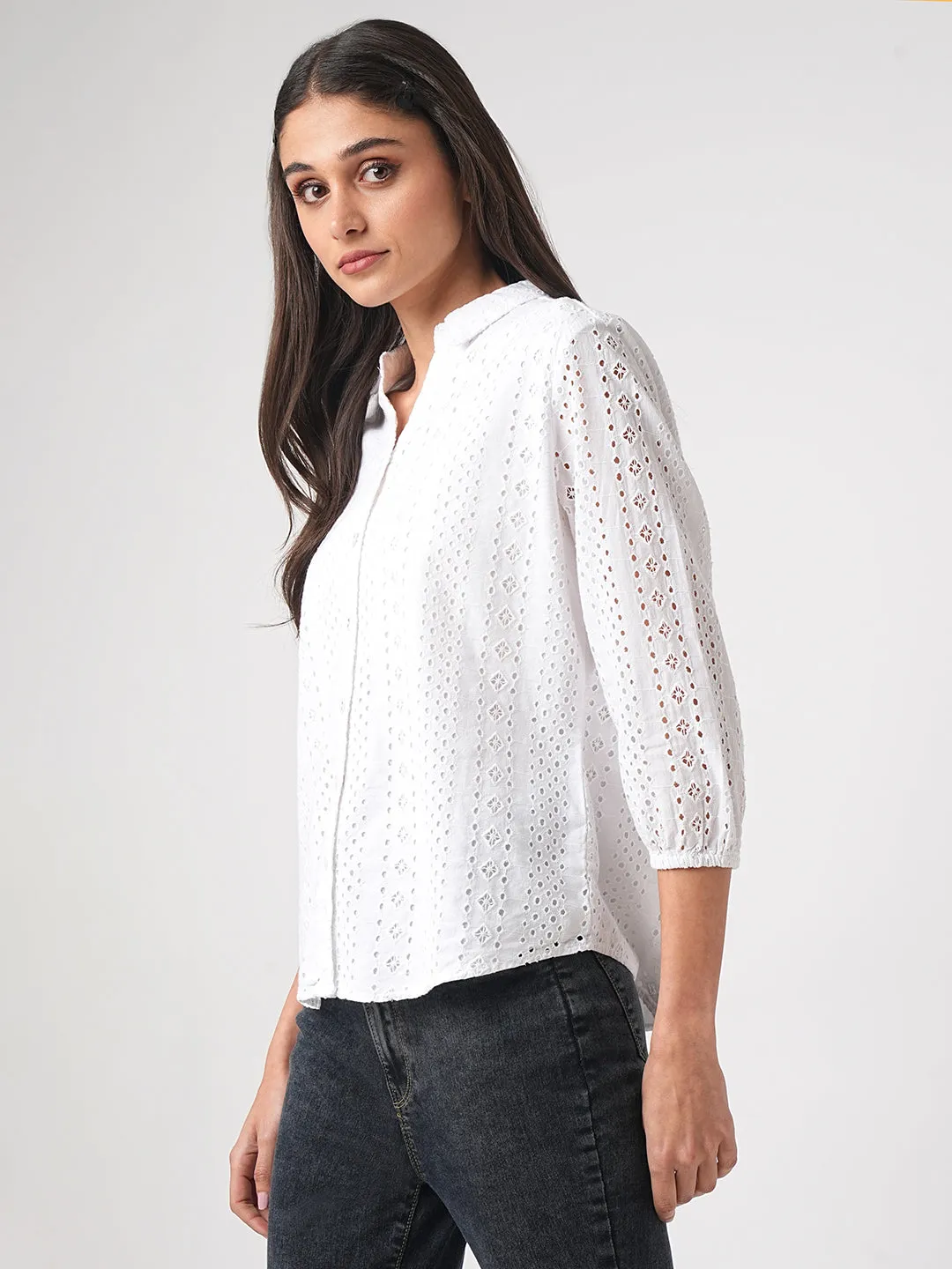 Women Schiffli Solid Slim Shirt