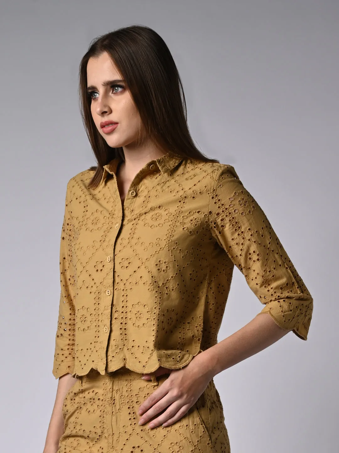 Women  Self Design Slim Fit Crop Shirt