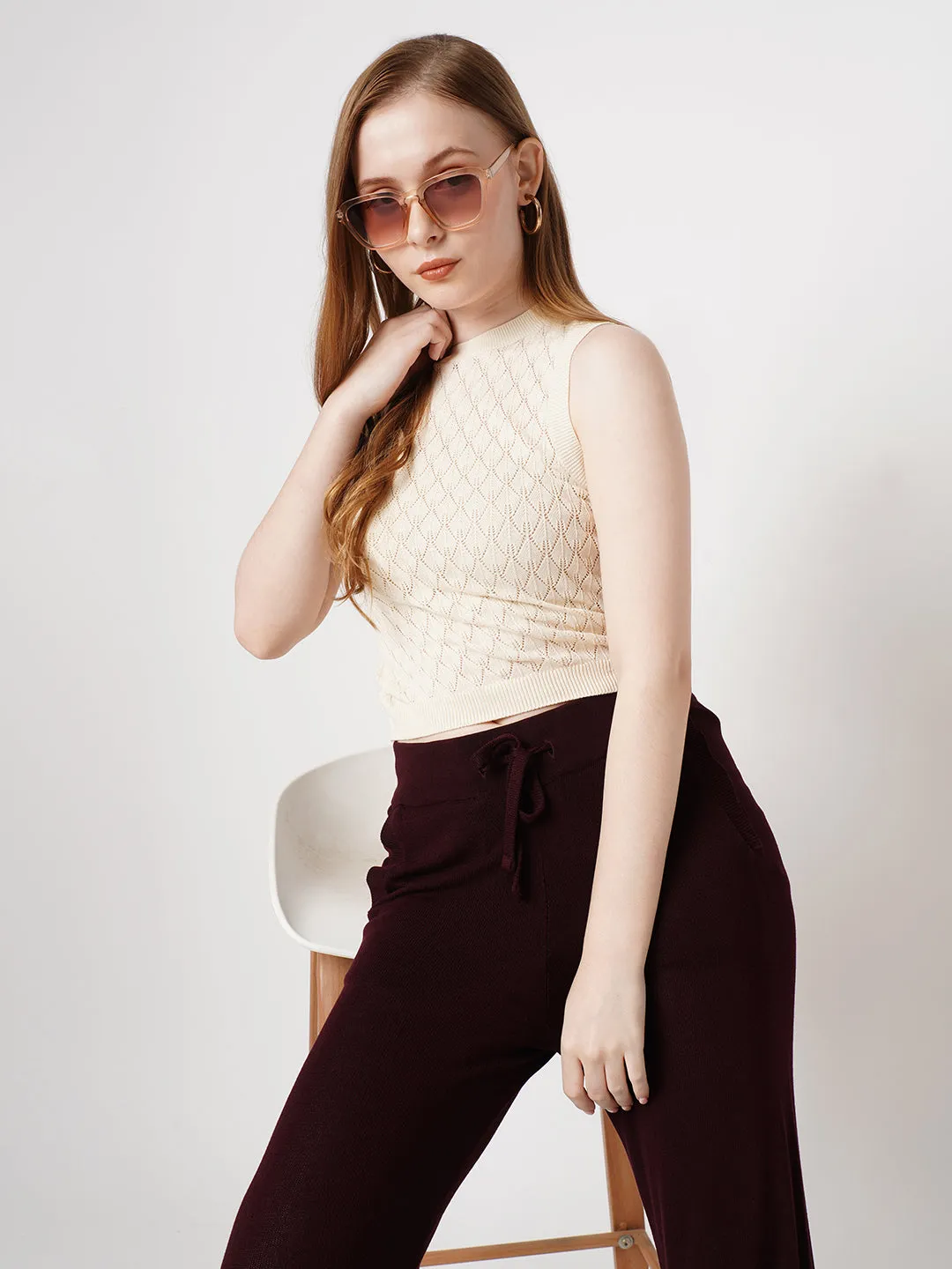 Women Self Design Slim Fit IVORY Tops