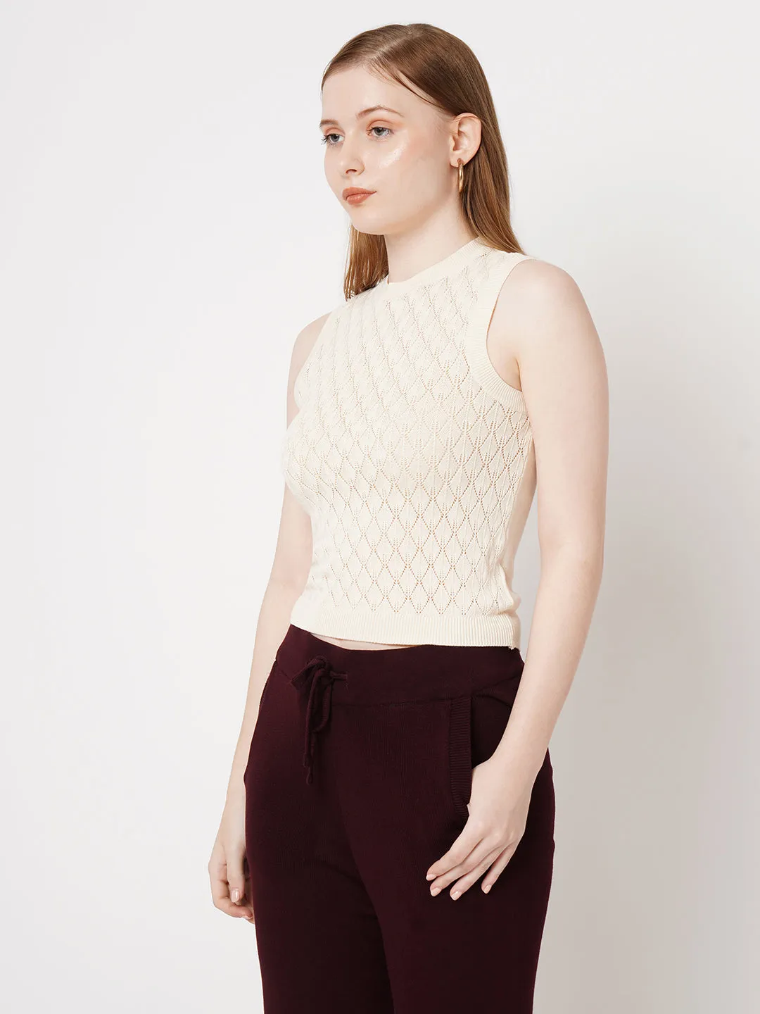 Women Self Design Slim Fit IVORY Tops