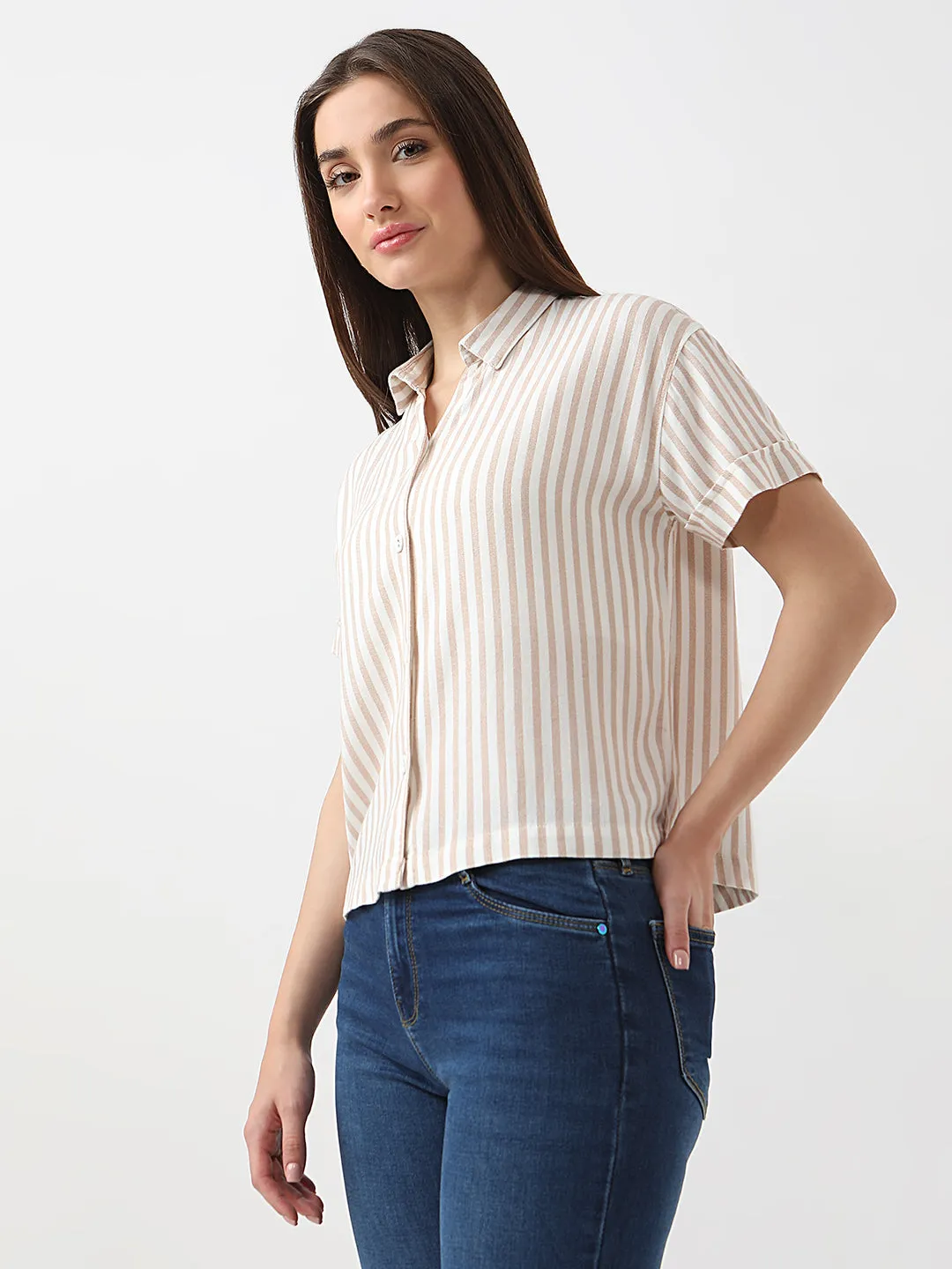 Women Slim Fit Beige/White Crop Shirt Stripe