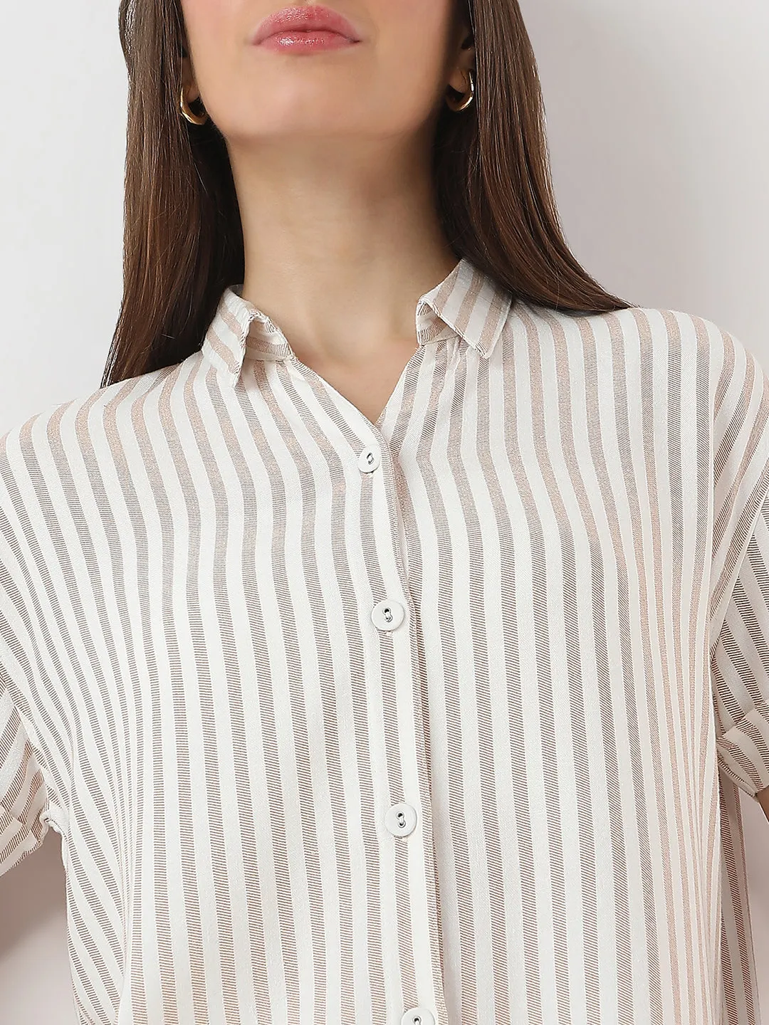 Women Slim Fit Beige/White Crop Shirt Stripe
