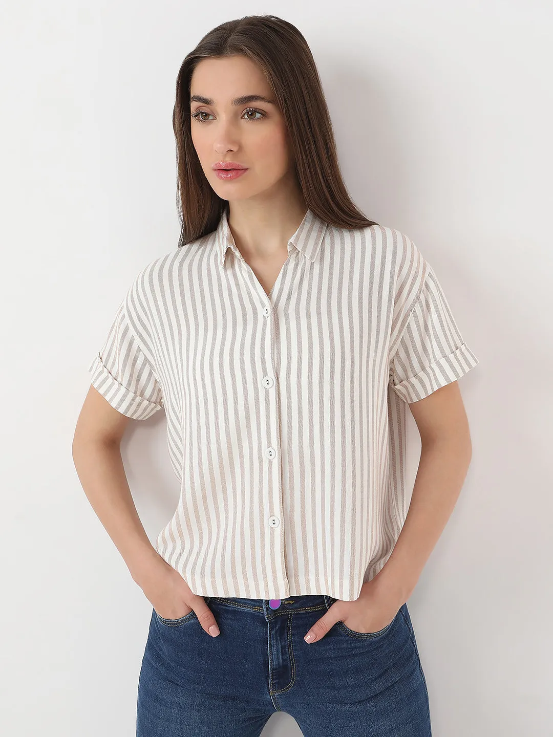Women Slim Fit Beige/White Crop Shirt Stripe