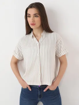 Women Slim Fit Beige/White Crop Shirt Stripe