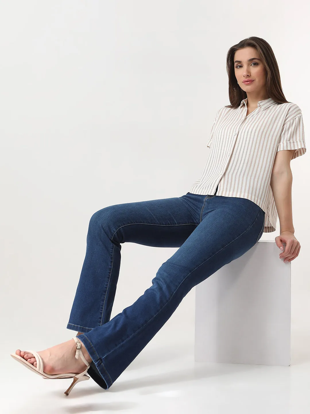 Women Slim Fit Beige/White Crop Shirt Stripe