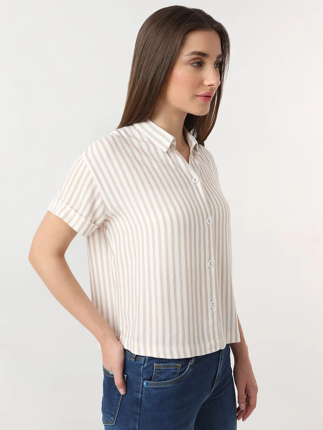 Women Slim Fit Beige/White Crop Shirt Stripe