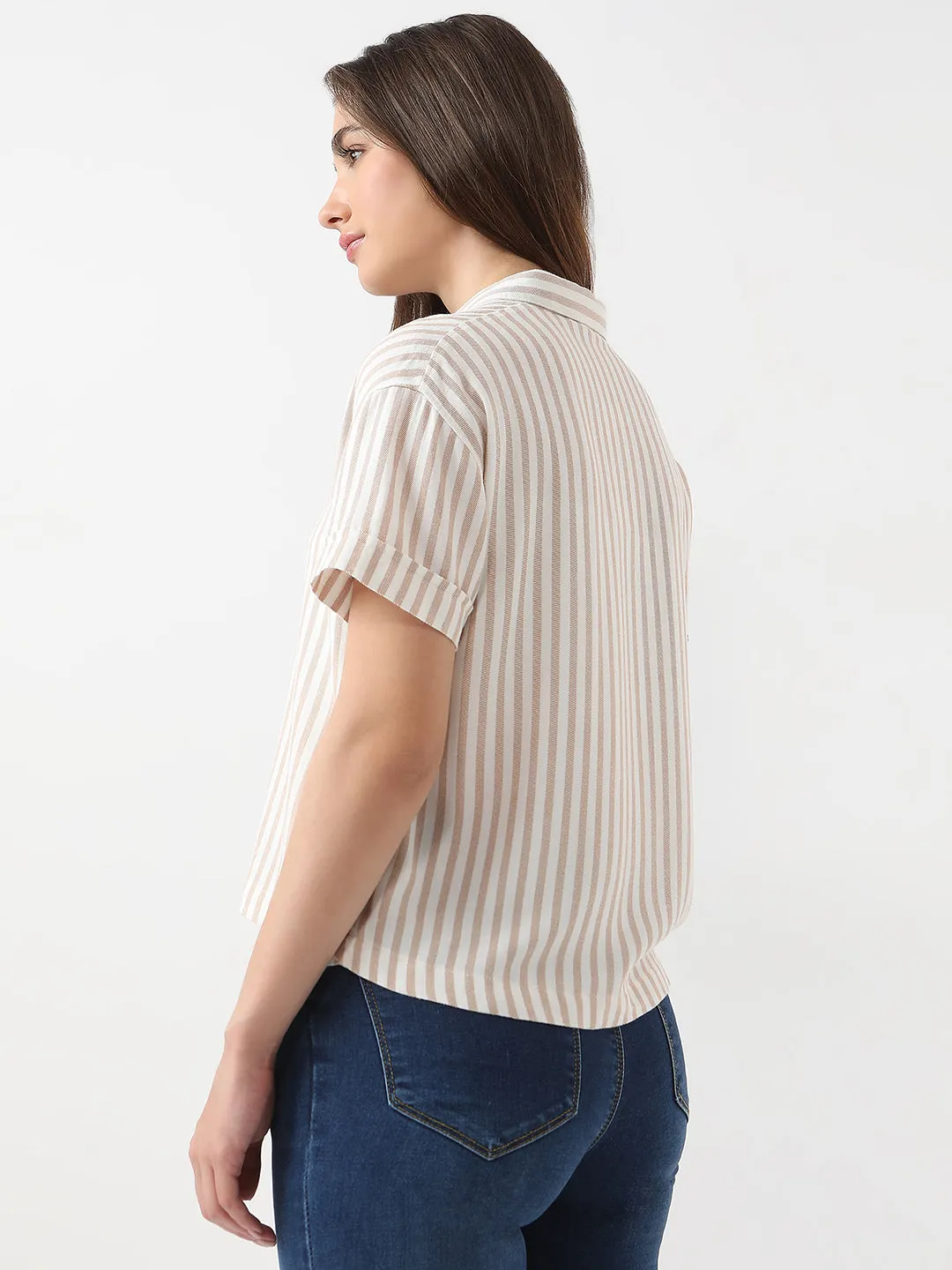 Women Slim Fit Beige/White Crop Shirt Stripe
