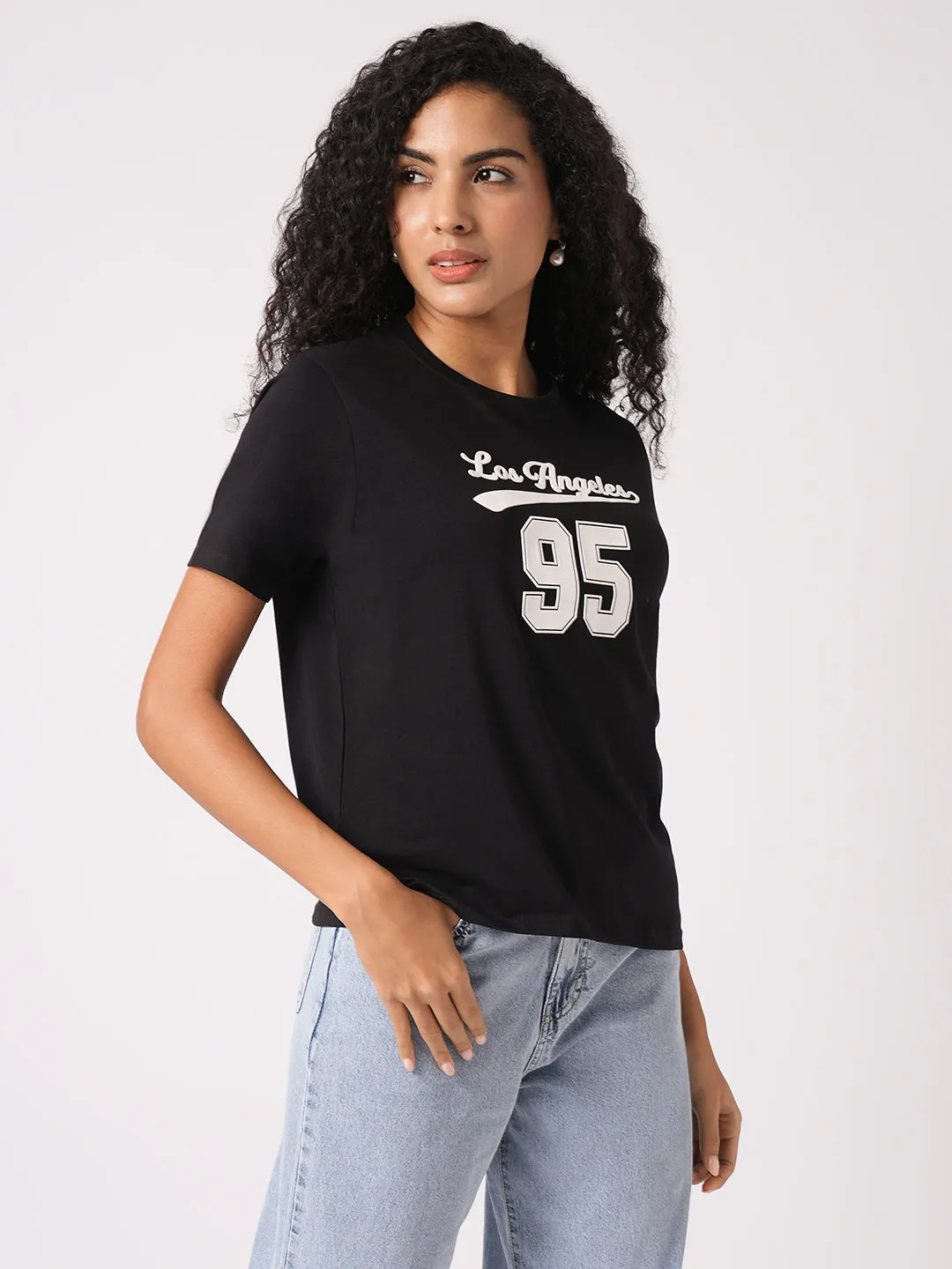 Women Slim Fit Black Boxy T-Shirt Chest Print