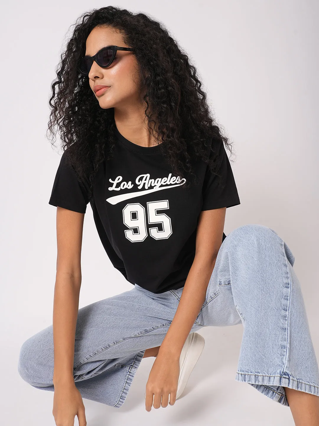 Women Slim Fit Black Boxy T-Shirt Chest Print