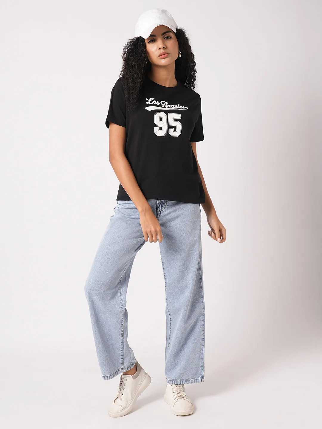 Women Slim Fit Black Boxy T-Shirt Chest Print