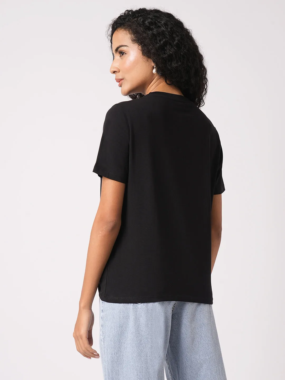 Women Slim Fit Black Boxy T-Shirt Chest Print
