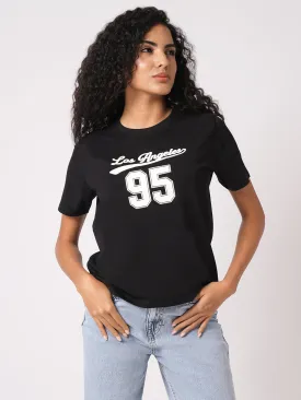 Women Slim Fit Black Boxy T-Shirt Chest Print