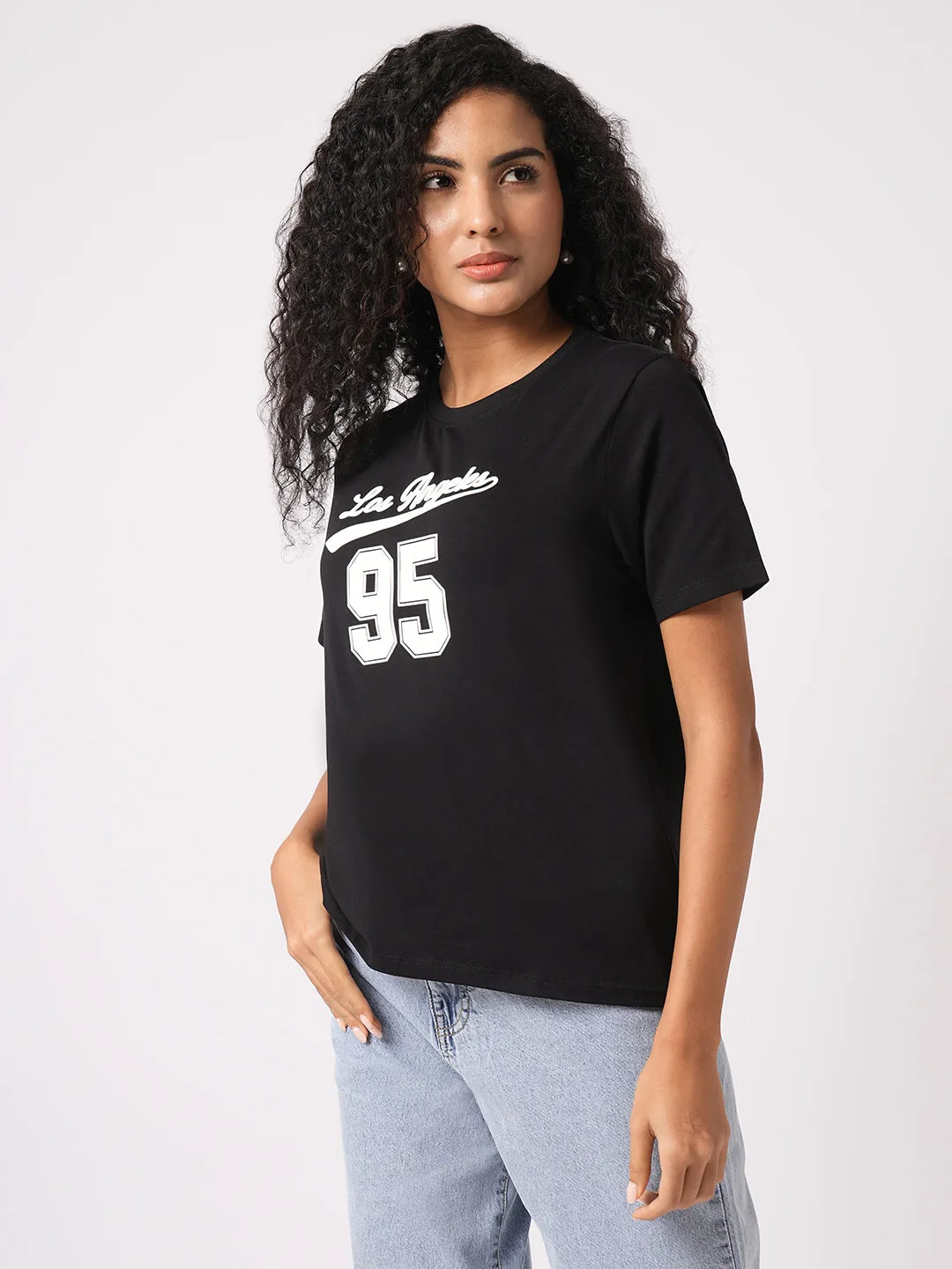 Women Slim Fit Black Boxy T-Shirt Chest Print