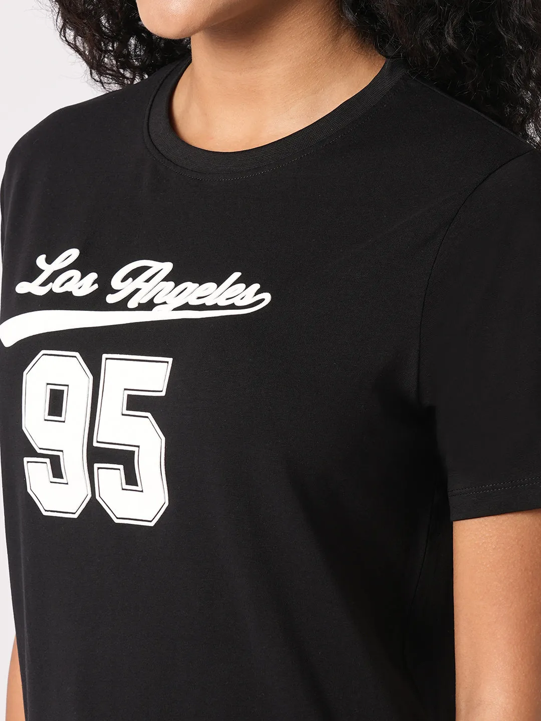 Women Slim Fit Black Boxy T-Shirt Chest Print