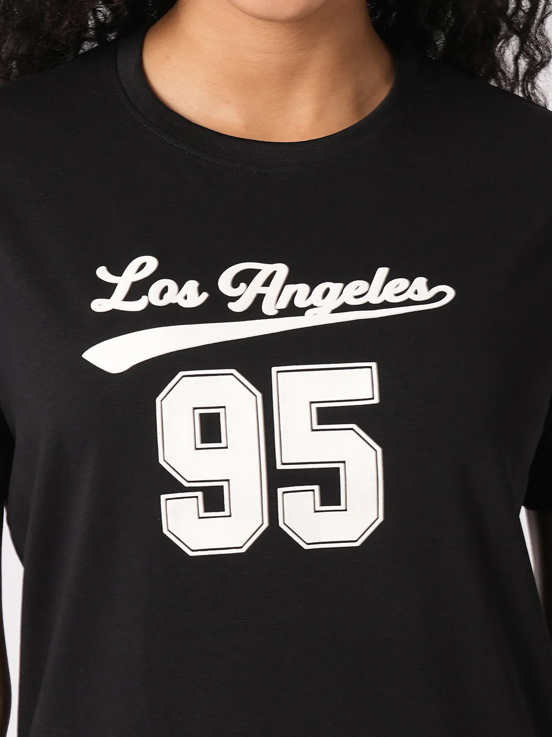 Women Slim Fit Black Boxy T-Shirt Chest Print