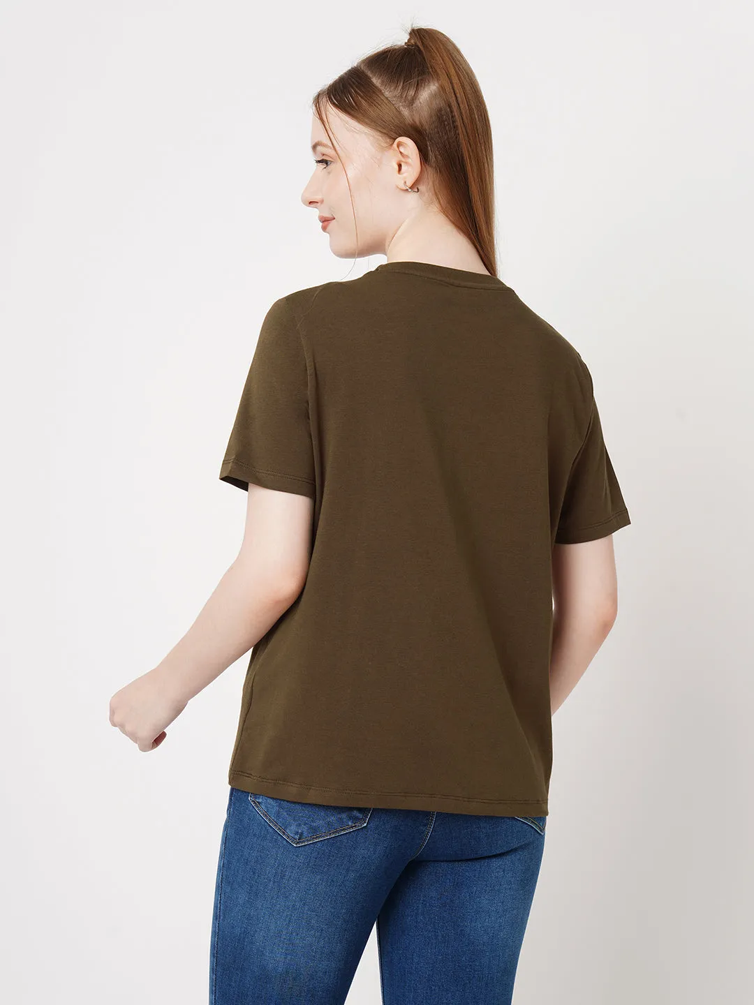 Women Slim Fit Sepia Boxy T-Shirt