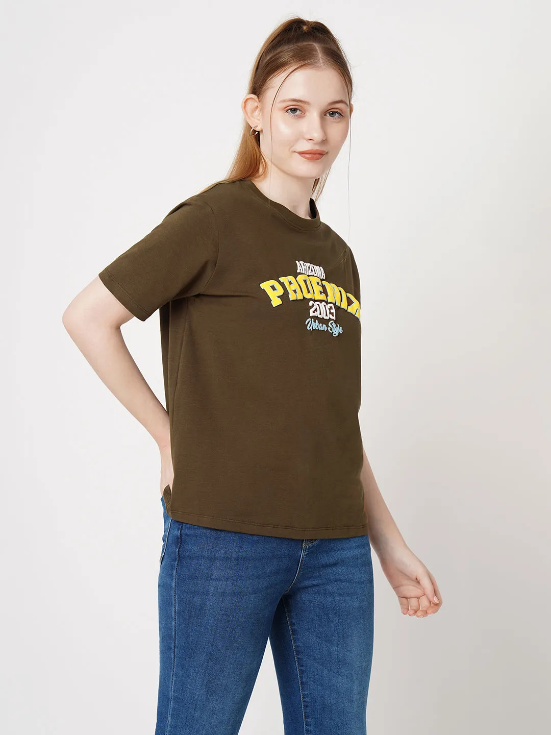 Women Slim Fit Sepia Boxy T-Shirt