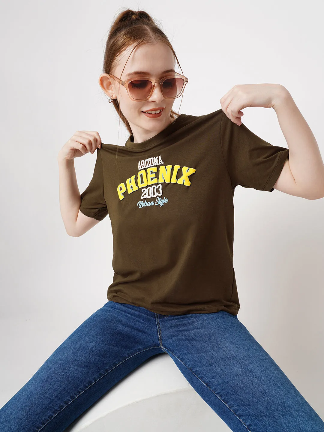 Women Slim Fit Sepia Boxy T-Shirt