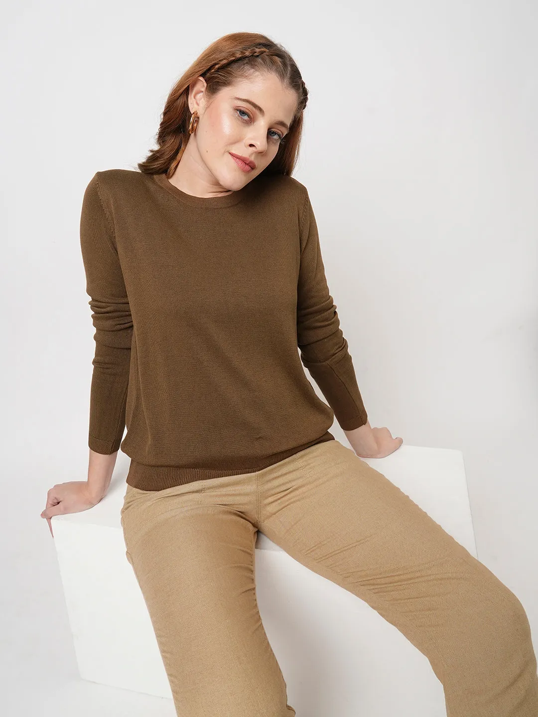 Women Slim Fit Sepia Regular T-Shirt