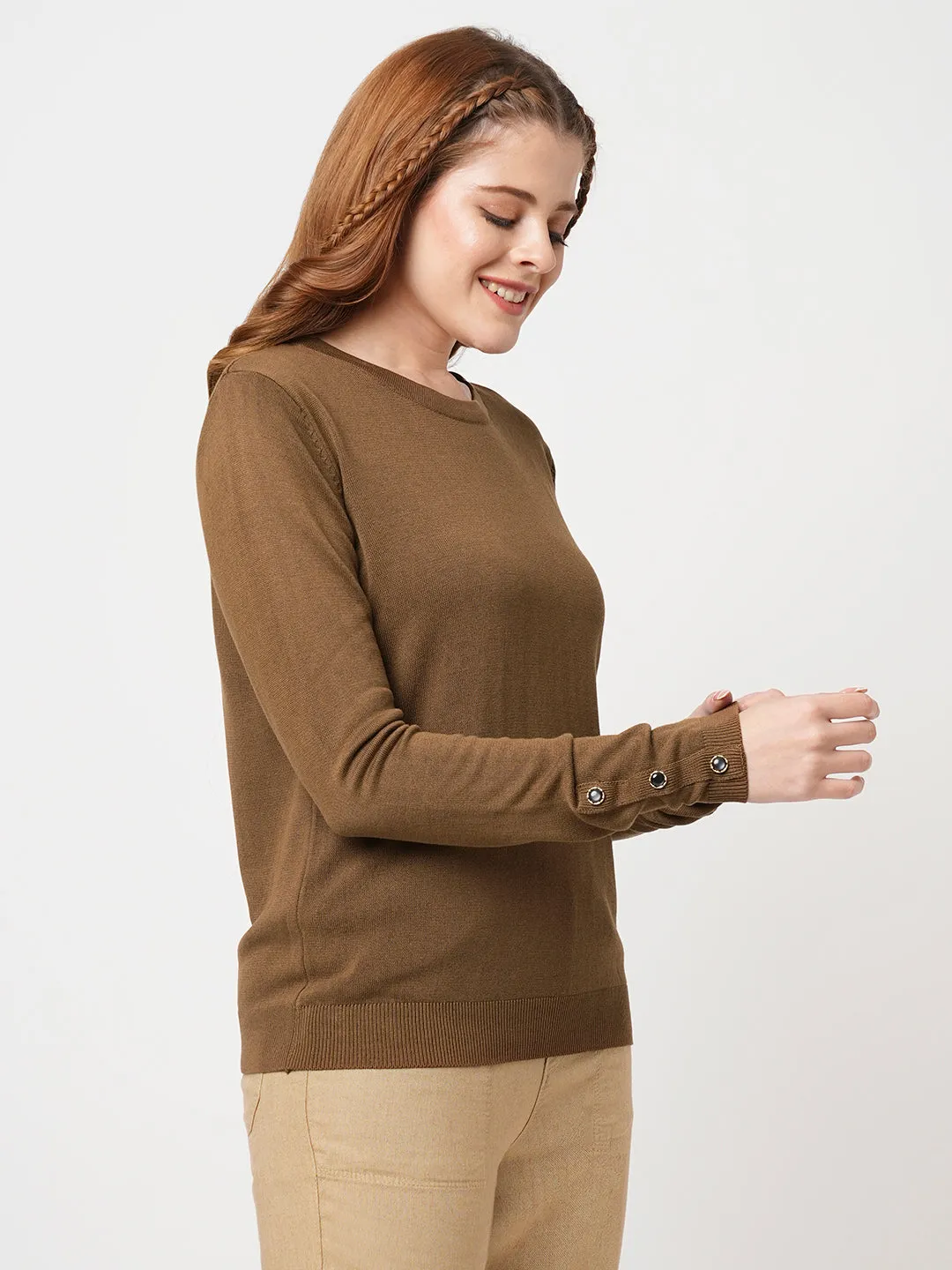 Women Slim Fit Sepia Regular T-Shirt
