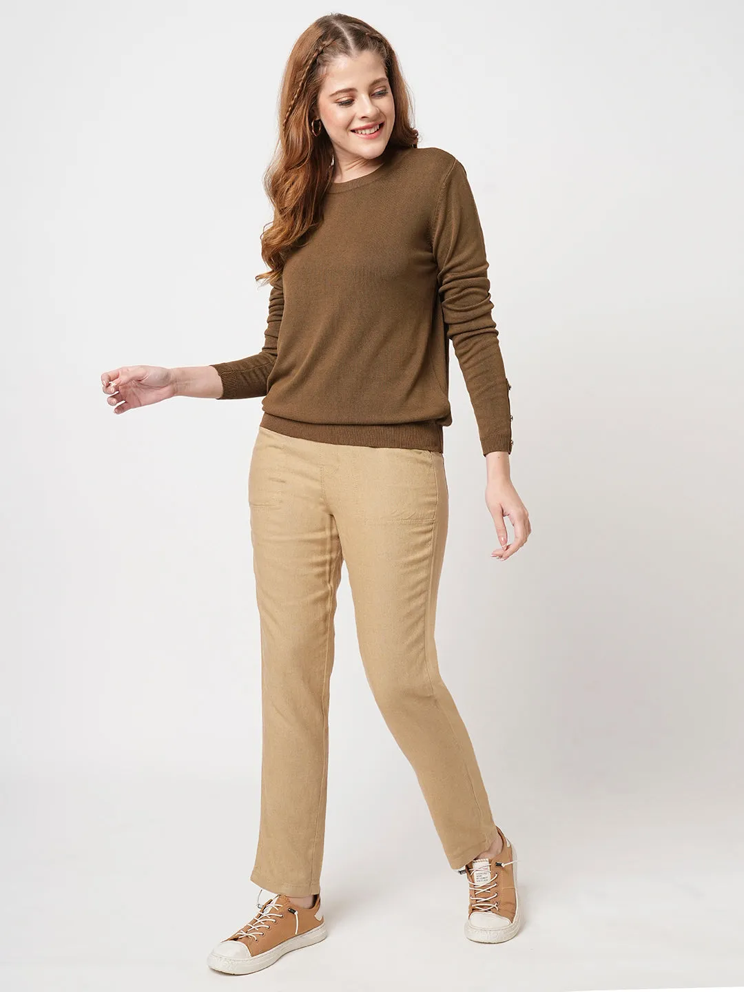 Women Slim Fit Sepia Regular T-Shirt