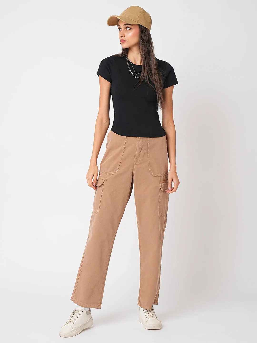 Women Solid Black Crop Slim Fit T-Shirt