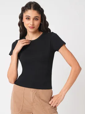 Women Solid Black Crop Slim Fit T-Shirt