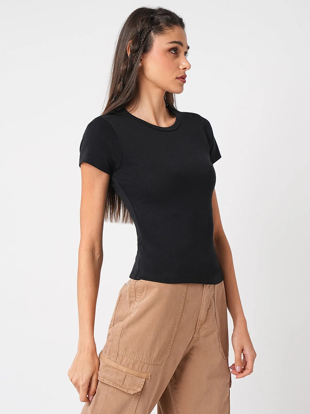 Women Solid Black Crop Slim Fit T-Shirt