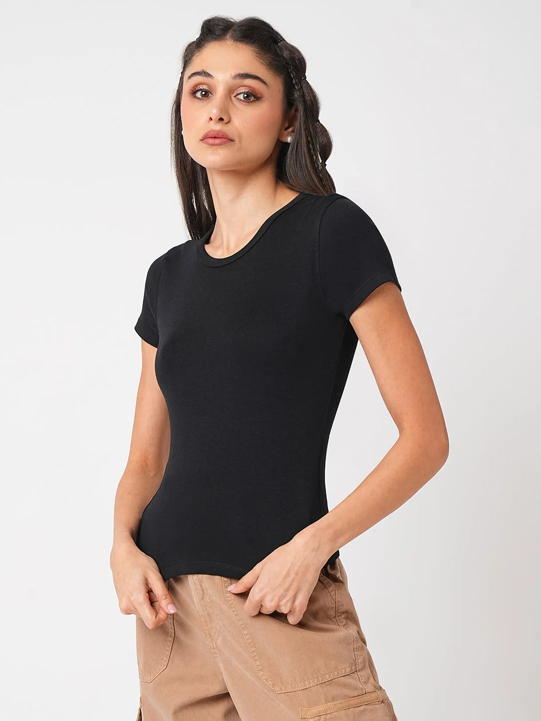 Women Solid Black Crop Slim Fit T-Shirt