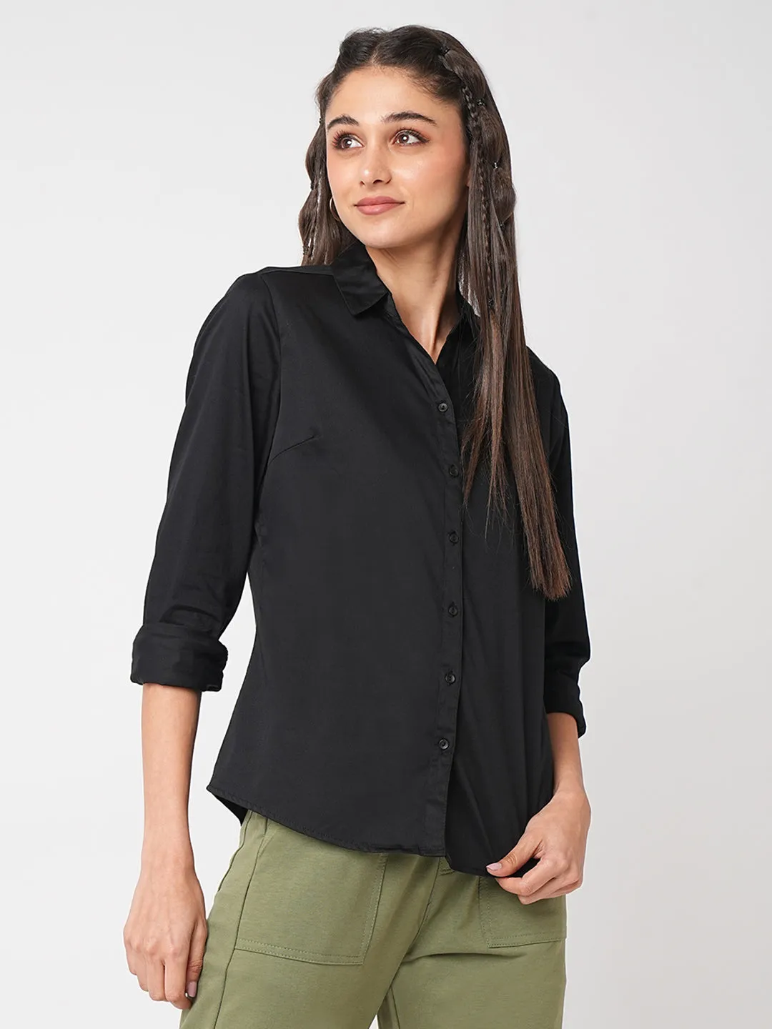 Women Solid Black Slim Fit Shirt