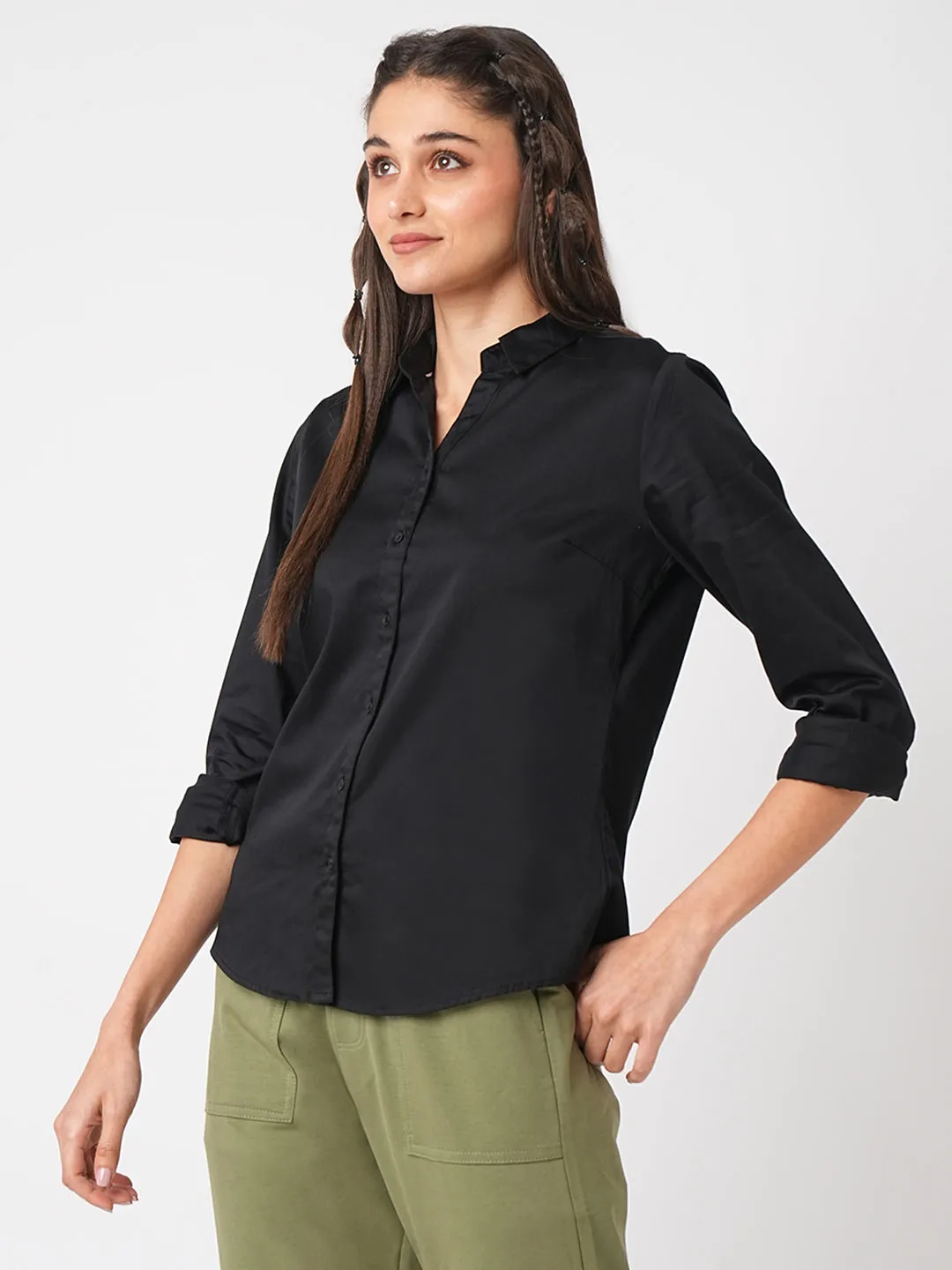 Women Solid Black Slim Fit Shirt
