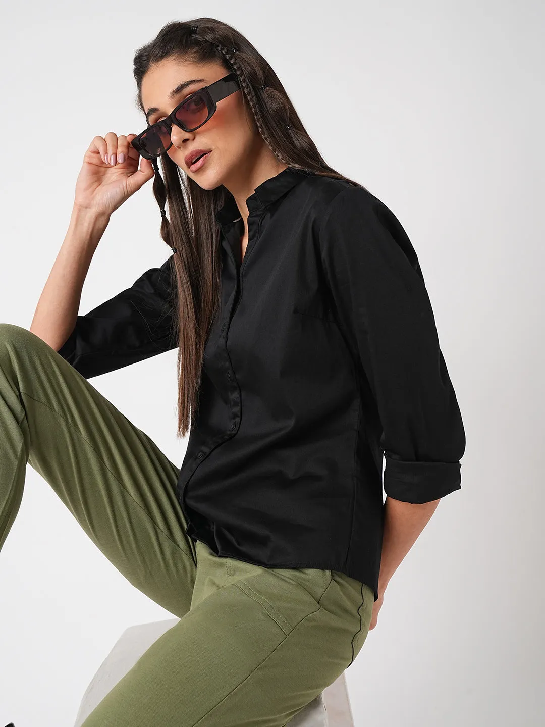 Women Solid Black Slim Fit Shirt