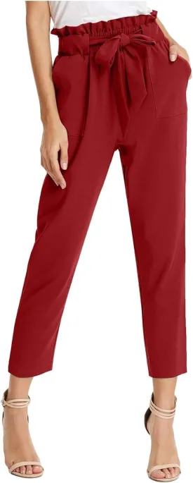 Women's Casual High Waist Pencil Pants Bow-Knot Cropped Paper Bag Trouser Elastic Waist Slim Suit Pants with Pockets